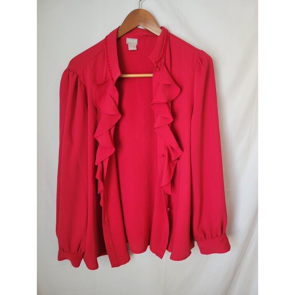 Chico's Red Ruffle Front Blouse Top Women's Size 3 (US 16/18) Long Sleeve Button